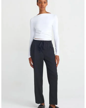 Pantaloni dama,  croiala larga, elasticitate, negru, tesatura creponata
