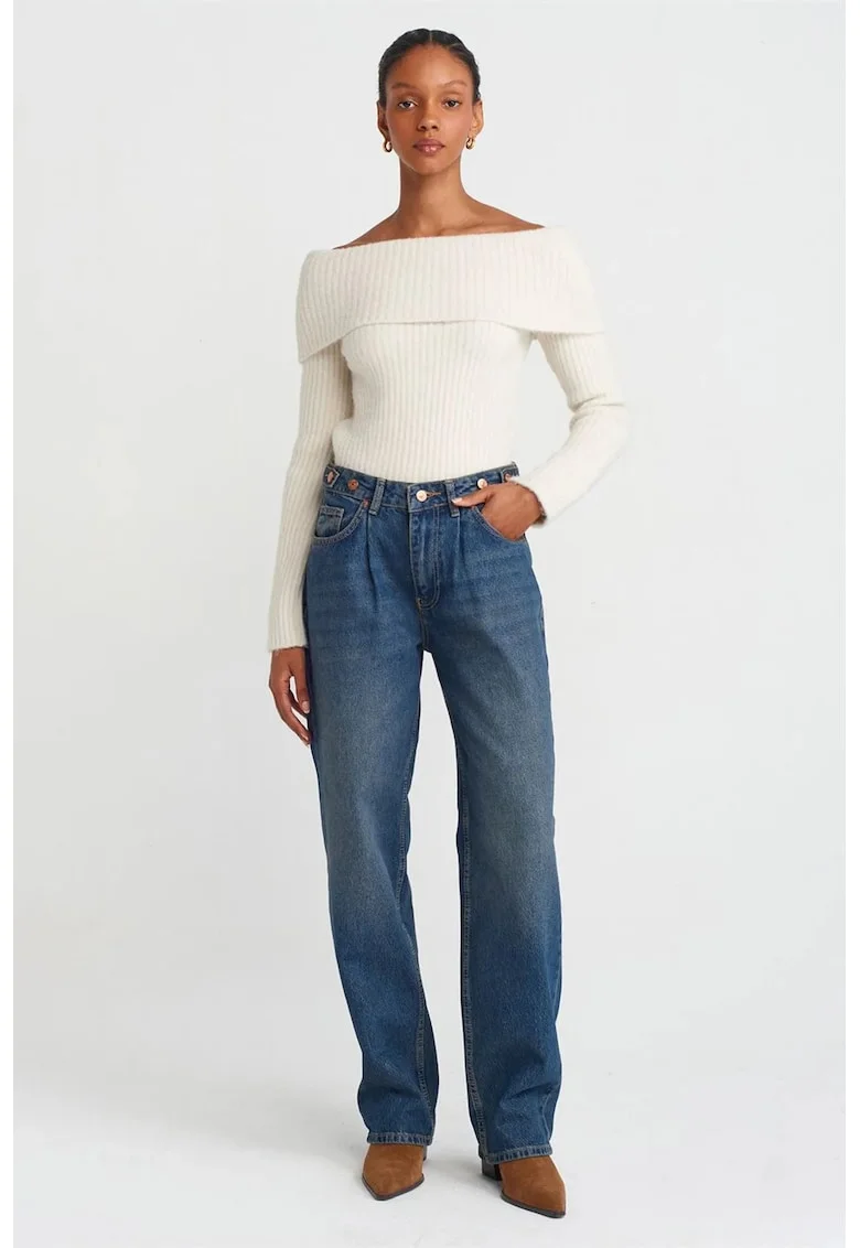 Blugi dama,  talie inalta, picior larg, denim albastru mediu, 100% bumbac