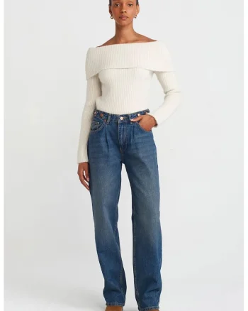Blugi dama,  talie inalta, picior larg, denim albastru mediu, 100% bumbac