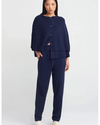 Pantaloni dama,  Jogger tricotati, detalii cu snur, albastru marin, unic size,