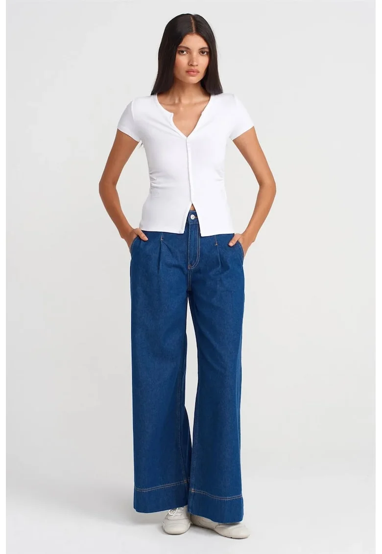 Blugi dama,  talie inalta, croiala larga denim albastru mediu 100% bumbac