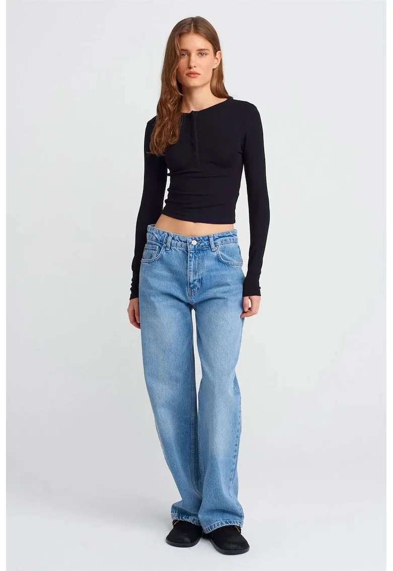 Blugi dama  talie inalta, croiala dreapta, denim albastru deschis-mediu, 100% bumbac