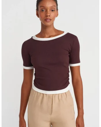 Tricou dama,  scurt, slim-fit, rosu burgundy, 100% bumbac