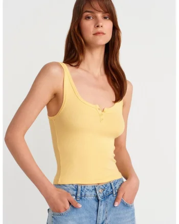 Bluze dama,  Cami Crop Slim Fit, galben lamaie, bumbac/modal/elastan