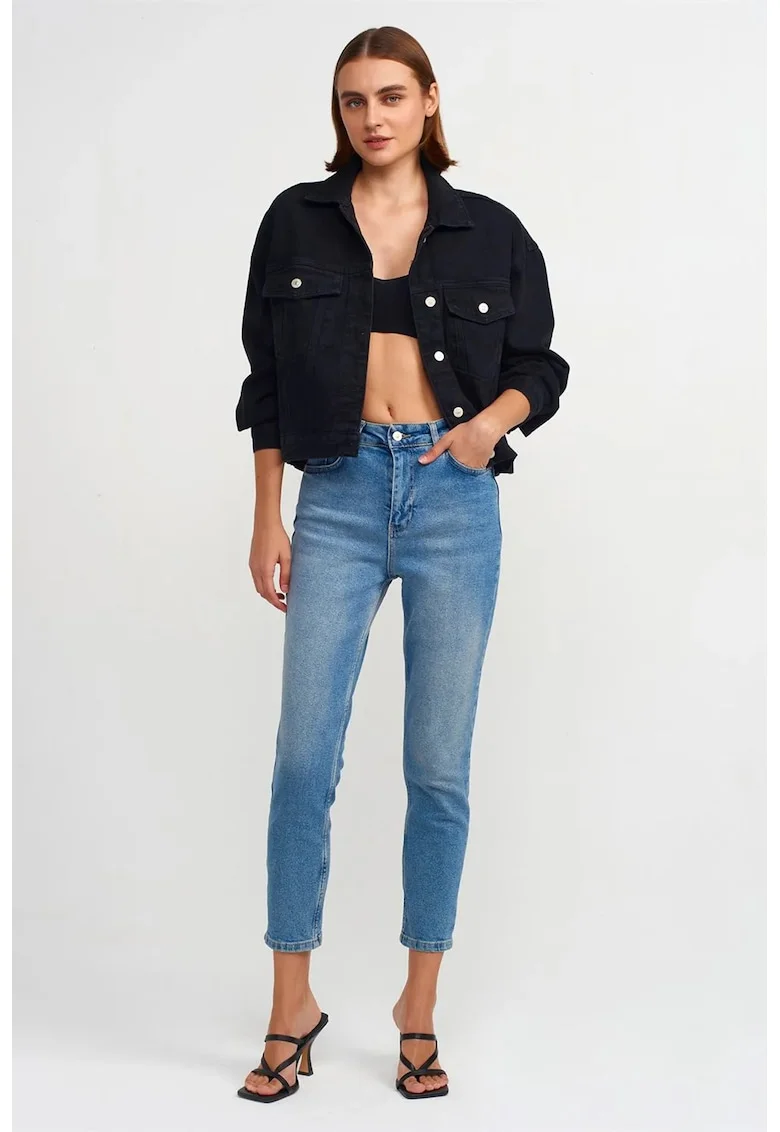 Blugi dama,  slim drept, talie inalta, denim albastru deschis-mediu, 99% bumbac
