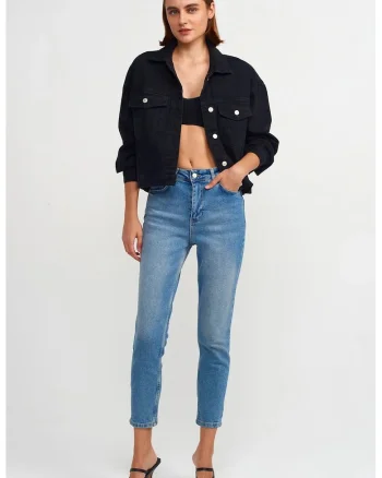 Blugi dama,  slim drept, talie inalta, denim albastru deschis-mediu, 99% bumbac