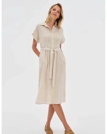Rochie bej din bumbac si in, Bej