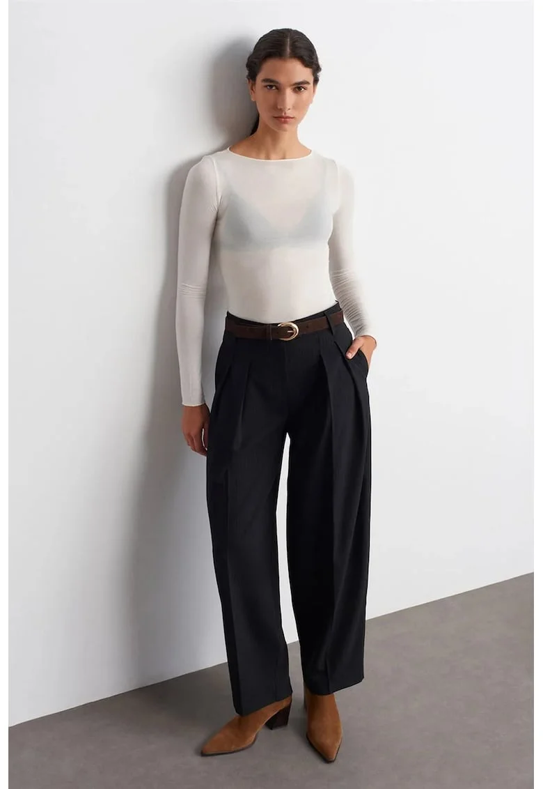 Pantaloni dama,  talie inalta, croiala ampla, pliuri, negru, poliester
