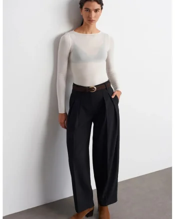 Pantaloni dama,  talie inalta, croiala ampla, pliuri, negru, poliester
