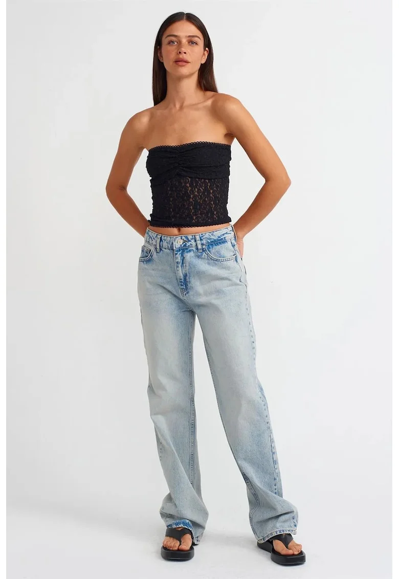 Blugi dama,  talie inalta, croiala dreapta, denim albastru deschis, 100% bumbac