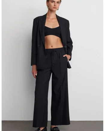 Pantaloni dama,  crep, cu snur, negru, Negru