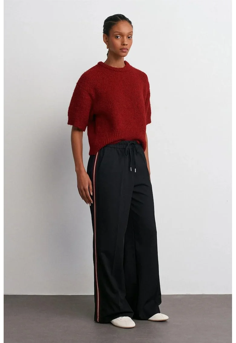 Pantaloni, Pantaloni  crep dungi croiala larga, Negru, Negru