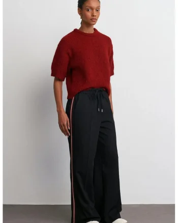 Pantaloni, Pantaloni  crep dungi croiala larga, Negru, Negru