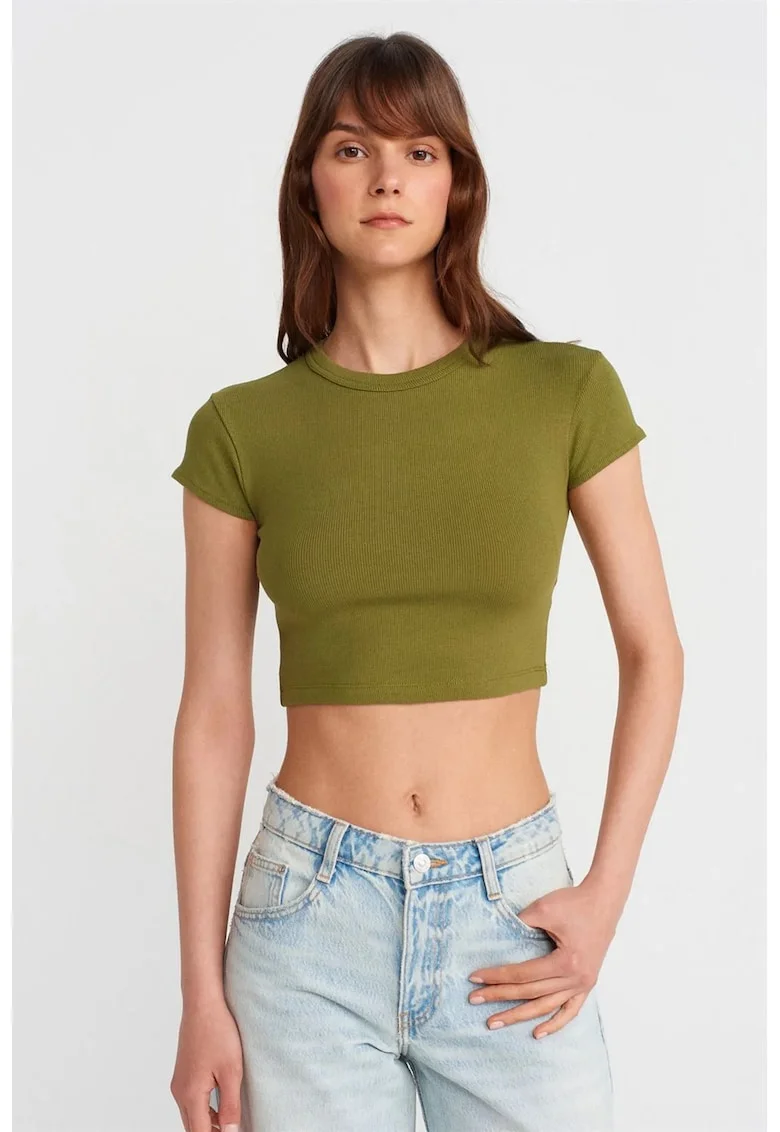 Tricou  femei, slim fit, verde kaki, bumbac cu elastan, maneca scurta