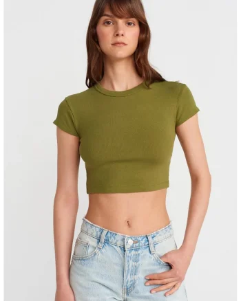 Tricou  femei, slim fit, verde kaki, bumbac cu elastan, maneca scurta