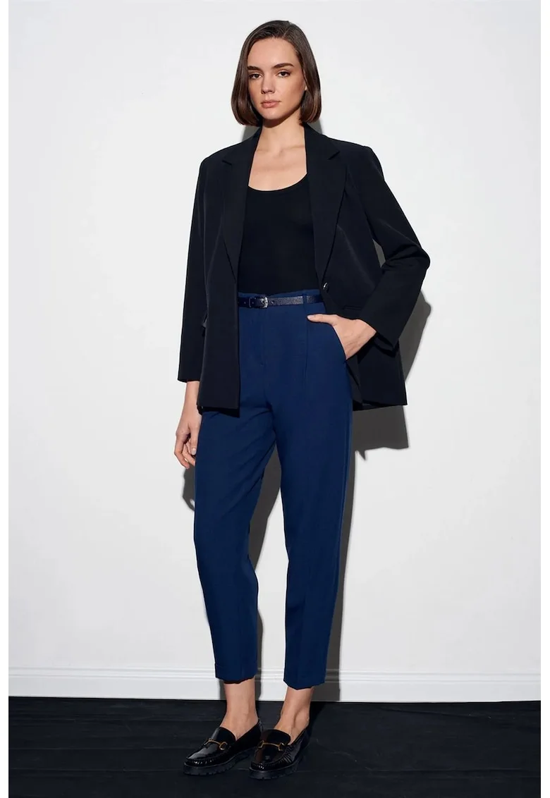 Pantaloni dama,  drepti, albastru marin, cu curea, poliester-viscoza-elastan