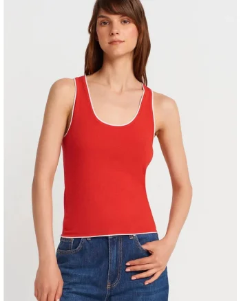 Bluza dama,  Slim Fit, rosu, poliester-viscoza-poliamida, fara maneci,