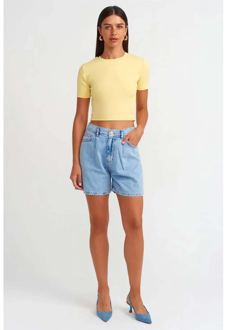 Pantaloni scurti,  denim, talie inalta, croiala larga, albastru deschis, bumbac