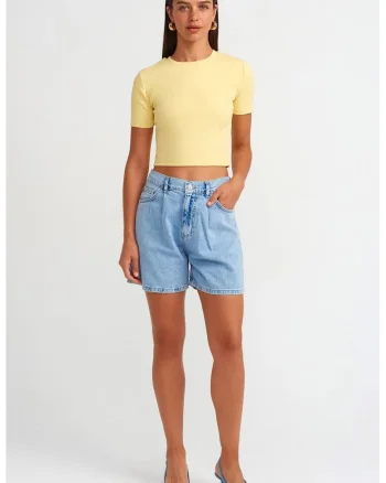 Pantaloni scurti,  denim, talie inalta, croiala larga, albastru deschis, bumbac