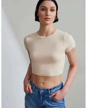 Tricou crop,  slim fit, bej natural, elastic, 96% viscoza, 4% elastan