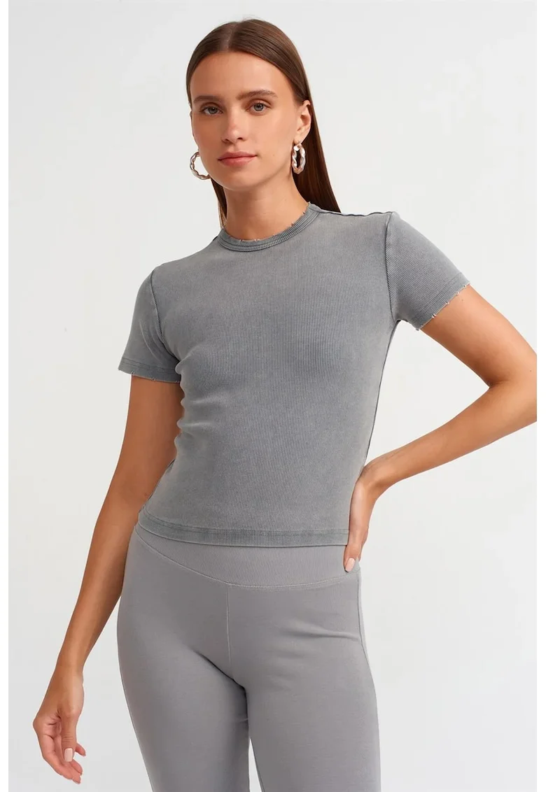 Tricouri dama,  Crop Slim Fit, Gri inchis, Efect spalat, Bumbac elastan