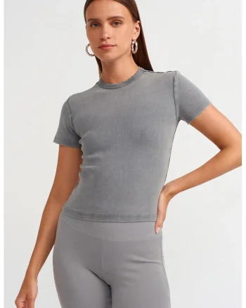 Tricouri dama,  Crop Slim Fit, Gri inchis, Efect spalat, Bumbac elastan