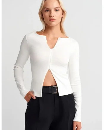 Bluza dama,  Bluza Slim Fit cu fermoar, Alb, amestec de bumbac