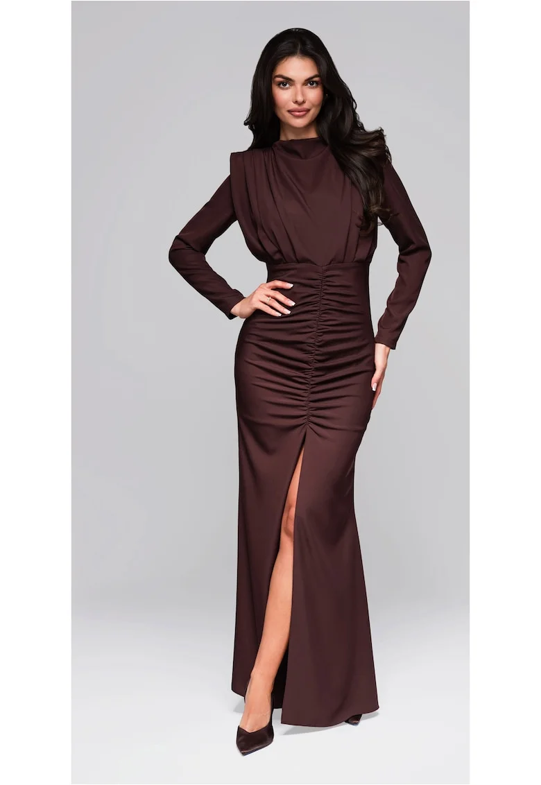 Rochie eleganta lunga cu maneci lungi si drapaj frontal  LA-OM-DLR024, Maro inchis