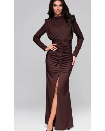 Rochie eleganta lunga cu maneci lungi si drapaj frontal  LA-OM-DLR024, Maro inchis