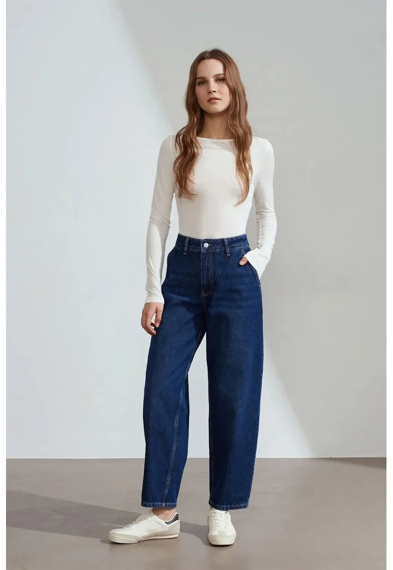 Blugi dama,  talie inalta croiala larga, denim albastru inchis, 100% bumbac