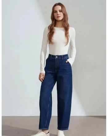 Blugi dama,  talie inalta croiala larga, denim albastru inchis, 100% bumbac