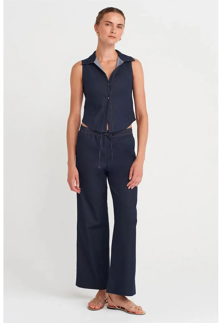 Pantaloni dama,  Wide-Leg, snur in talie, Albastru Marin, poliester-viscoza-elastan