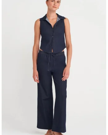 Pantaloni dama,  Wide-Leg, snur in talie, Albastru Marin, poliester-viscoza-elastan