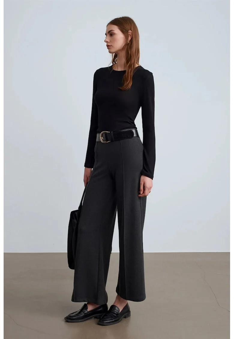 Pantaloni dama,  picior larg, elastic, gri antracit, bumbac si poliester