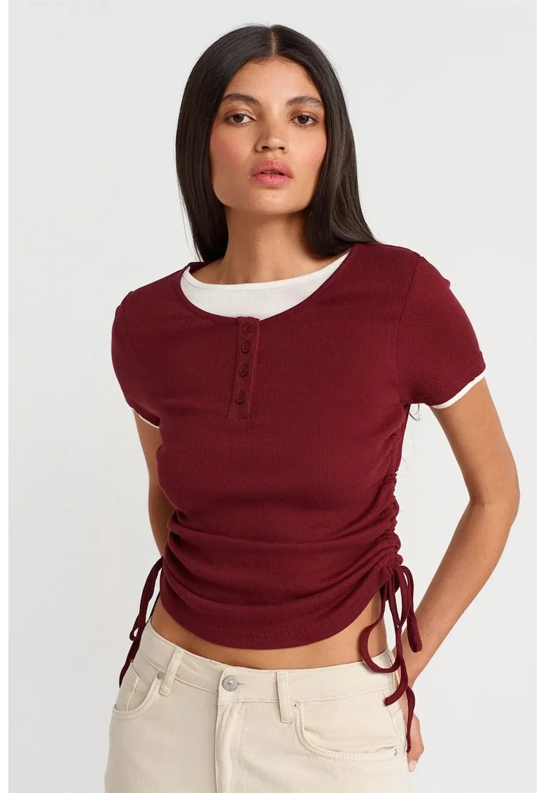 Tricou dama  bumbac, slim fit, detalii cu snur, rosu burgundy