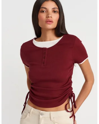 Tricou dama  bumbac, slim fit, detalii cu snur, rosu burgundy