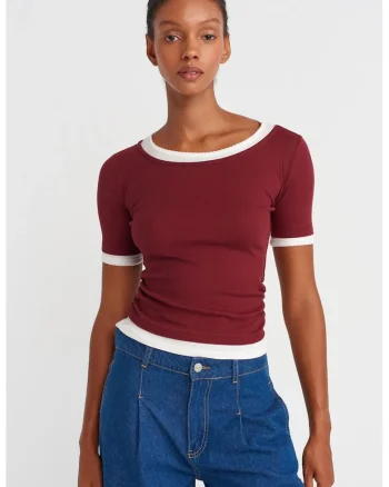 Tricou dama,  crop, slim-fit, rosu burgundy, 100% bumbac