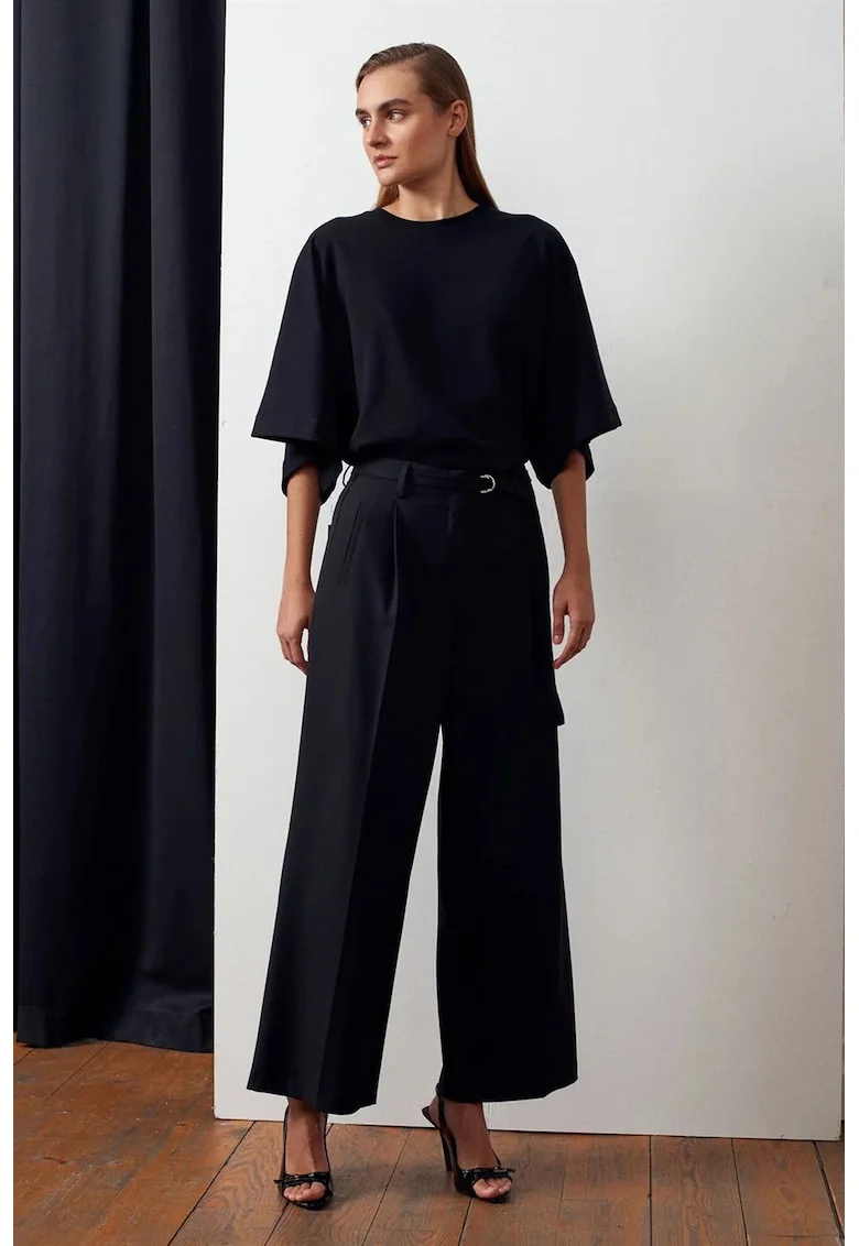 Pantaloni dama,  crep, cu croiala larga, negru, 62% poliester, 33% viscoza, 5% elastan,