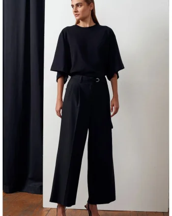 Pantaloni dama,  crep, cu croiala larga, negru, 62% poliester, 33% viscoza, 5% elastan,