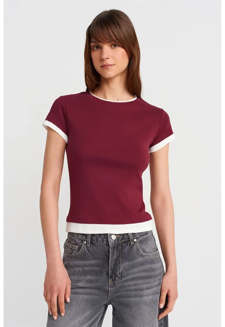 Tricouri dama,  tricou din bumbac, maneca scurta, rosu burgundy, slim fit