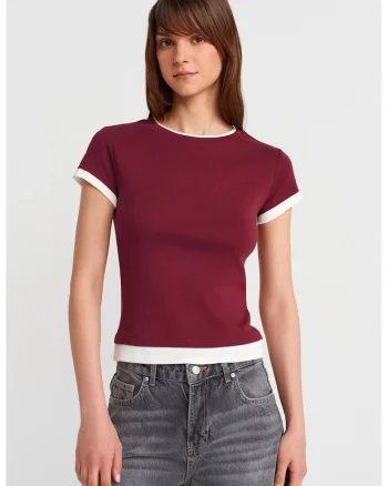 Tricouri dama,  tricou din bumbac, maneca scurta, rosu burgundy, slim fit