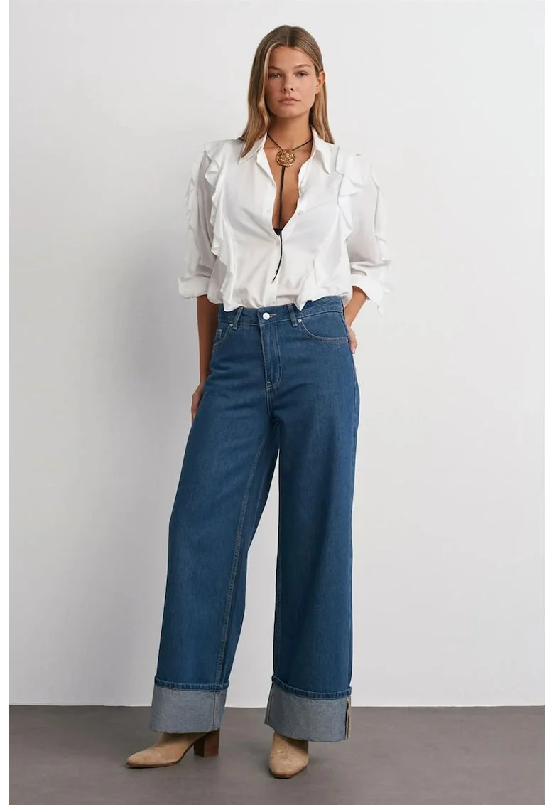 Blugi dama,  talie inalta croiala larga, denim albastru mediu, 100% bumbac