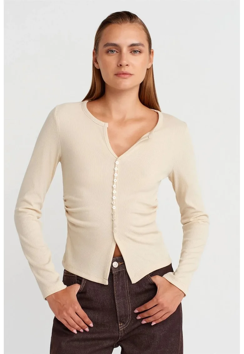 Bluze dama,  Bluza Slim Fit cu nervuri, crem natural, poliester-viscoza-elastan