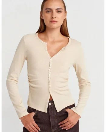 Bluze dama,  Bluza Slim Fit cu nervuri, crem natural, poliester-viscoza-elastan