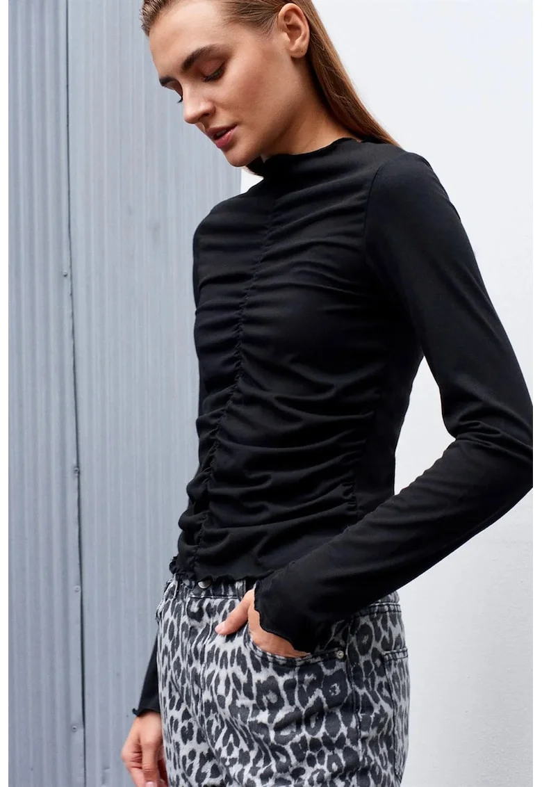 Bluza dama,  slim fit, maneca lunga, negru, poliester-viscoza-elastan