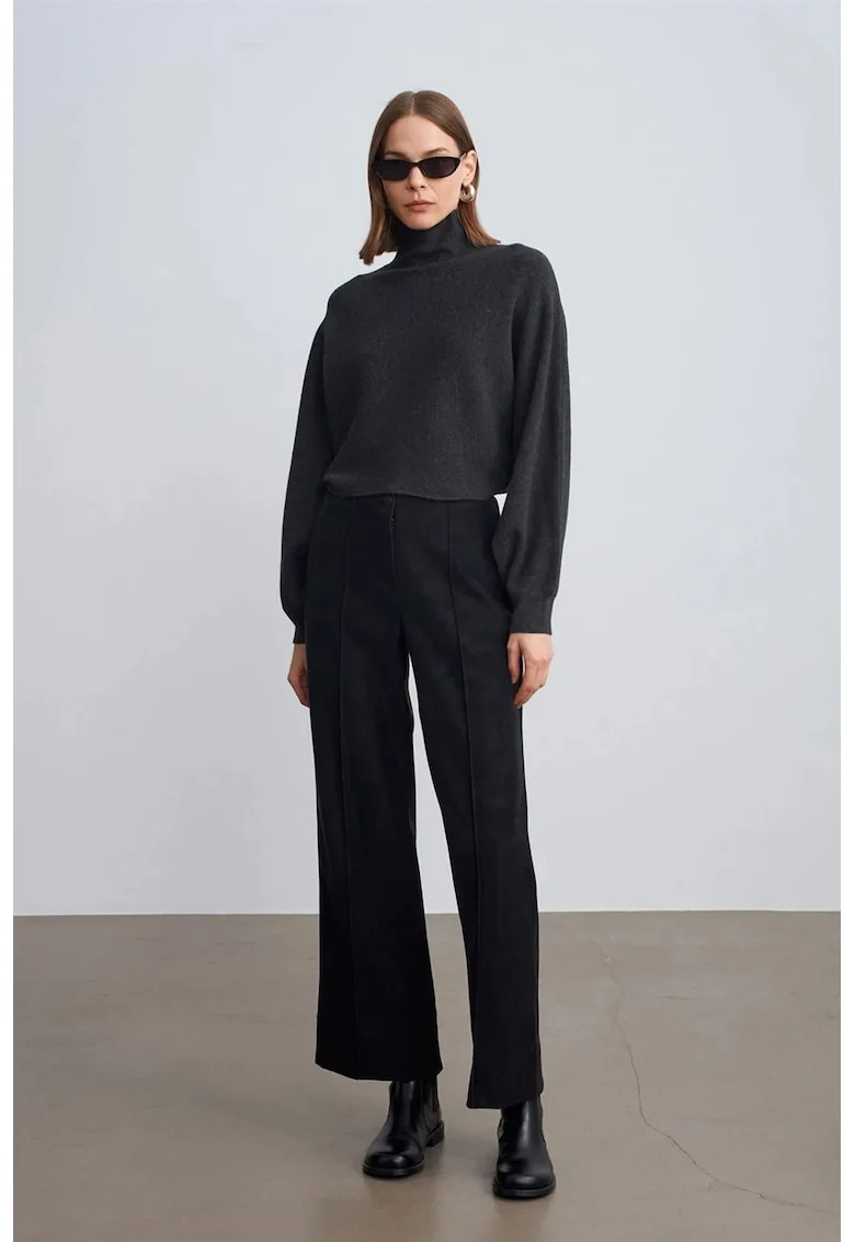 Pantaloni dama,  talie inalta, negru, imitatie de piele