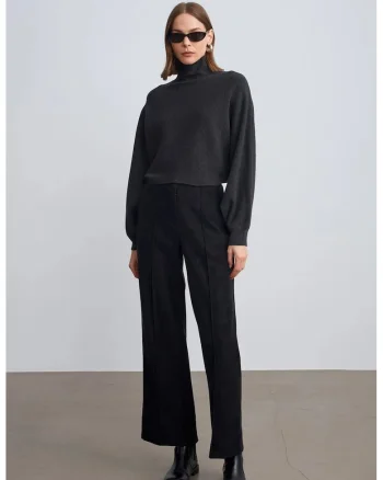 Pantaloni dama,  talie inalta, negru, imitatie de piele