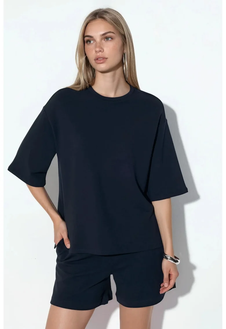 Tricou  bleumarin, croiala lejera, maneci scurte, amestec bumbac-modal-elastan