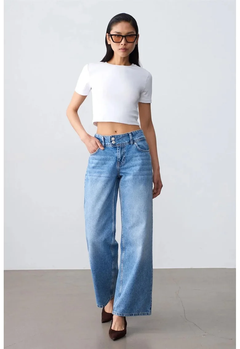 Blugi dama,  talie inalta, croiala larga, denim albastru deschis-mediu, bumbac 100%