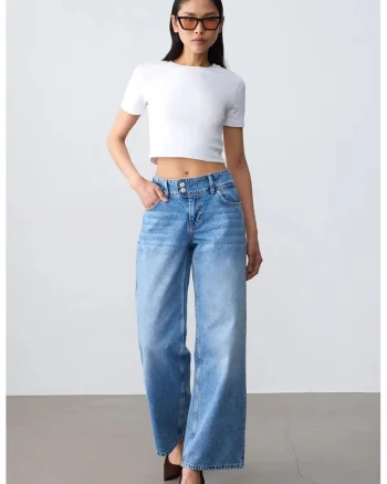 Blugi dama,  talie inalta, croiala larga, denim albastru deschis-mediu, bumbac 100%